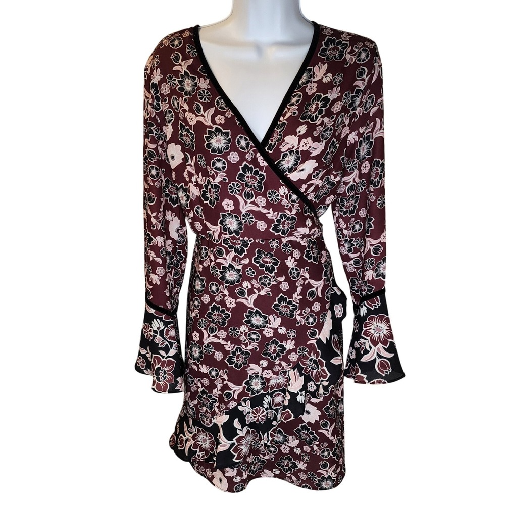 Ella Moon Floral Wrap Dress Burgundy Velvet Trim Bell Sleeve Mini NWT Size L